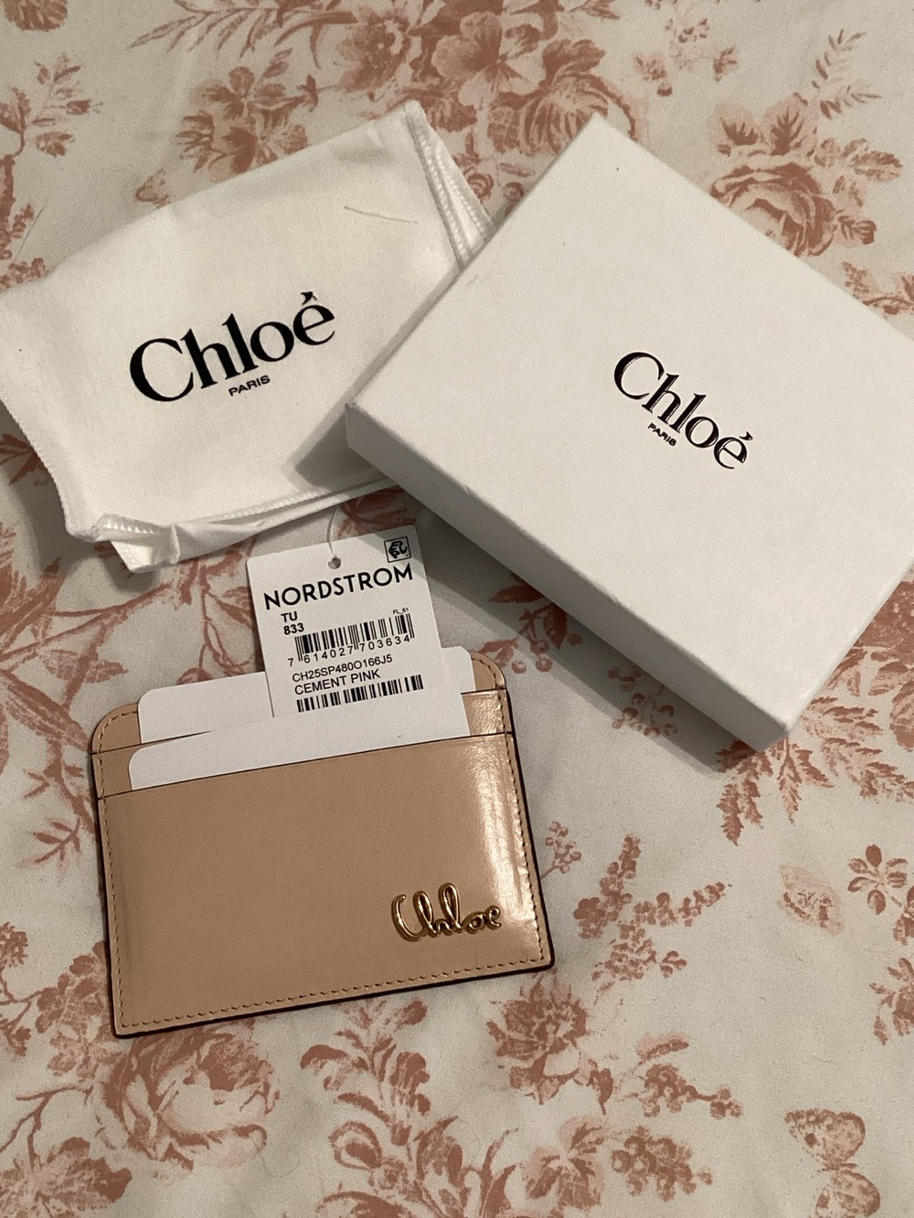 Chloé Cement Pink Leather Card Holder with Gold Logo